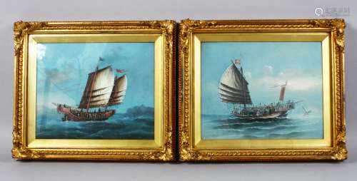 A PAIR OF 19TH CENTURY CHINESE GILT FRAMED PAINTED PICTURES OF JUNK / SHIPS AFTER CHINERY, 31cm wide