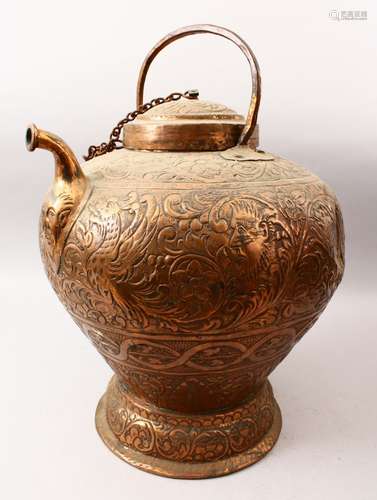 A 19TH CENTURY EMBOSSED BRASS JUG & COVER, with decoration of animals, figures and bands of floral