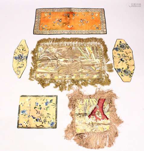 A MIXED LOT OF SIX 19TH CENTURY CHINESE EMBROIDERED SILK ITEMS, all embroidered to depict various