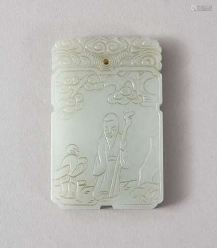 A GOOD CHINESE CARVED CELADON JADE PENDANT, carved to depict shou-lao holding his staff with