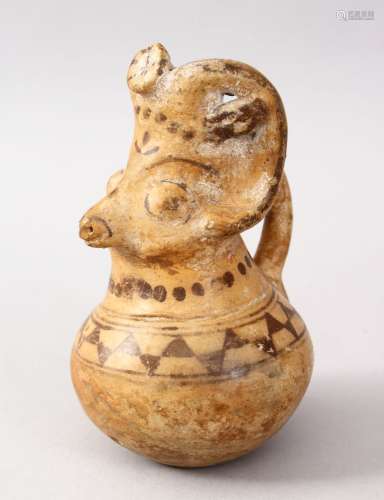 A GOOD EARLY PERSIAN POSSIBLY AMLASH POTTERY ANIMAL SHAPED JUG, 13.5cm high