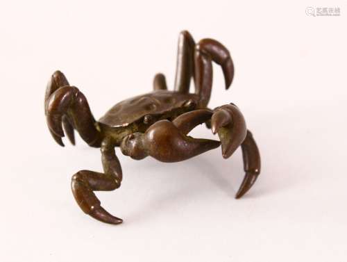A JAPANESE BRONZE FIGURE OF A CRAB, signed underside, 6cm.