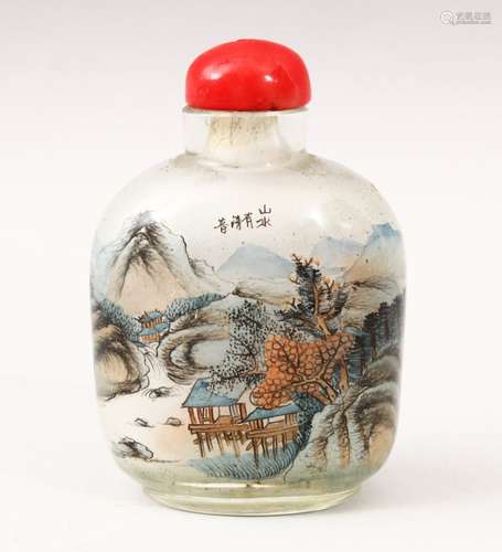 A GOOD 19TH / 20TH CENTURY CHINESE REVERSE PAINTED GLASS SNUFF BOTTLE, decorated to depict scenes of