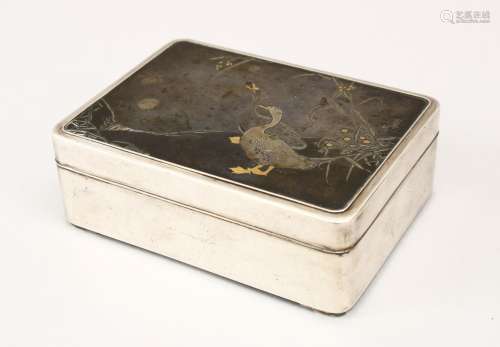 A GOOD JAPANESE MEIJI PERIOD SILVER & MIXED METAL LACQUER BOX, the silver bound box with an inset
