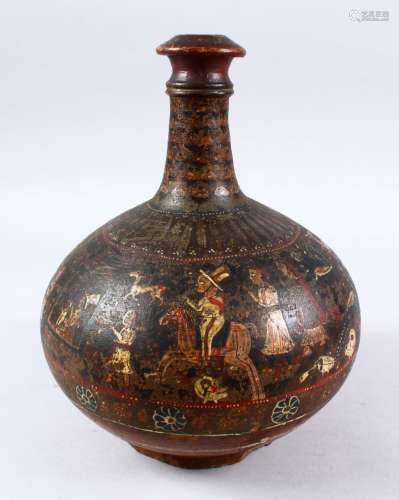AN 18TH CENTURY OR EARLIER PERSIAN POTTERY PAINTED BOTTLE VASE, decorated to the body with