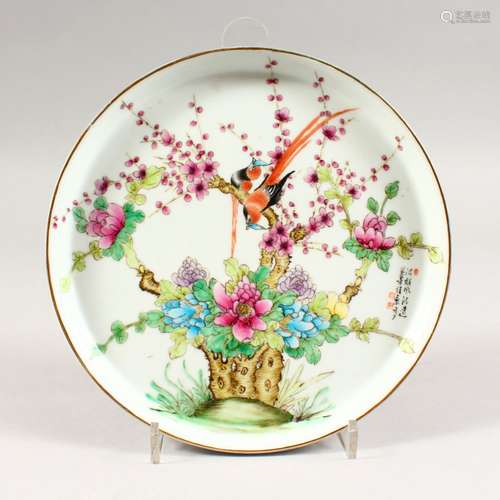 A GOOD CHINESE REPUBLIC FAMILLE ROSE PORCELAIN DISH, decorated with scenes of birds amongst native