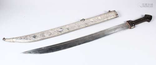 AN EARLY 20TH CENTURY PERSIAN ISLAMIC SWORD, with hand chased solid silver scabbard, and a horn