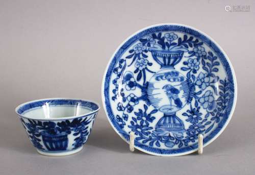 A VERY UNUSUAL CHINESE 18TH CENTURY KANGXI PERIOD BLUE & WHITE PORCELAIN TEA BOWL AND SAUCER, both