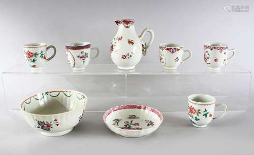 A MIXED LOT OF 18TH CENTURY CHINESE FAMILLE ROSE PORCELAIN WARES, consisting of a sparrow beak