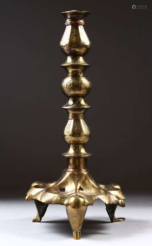 A 13TH CENTURY SELJUK KORASHAN PERSIAN ISLAMIC COPPER INLAID BRASS OIL LAMP STAND, with carved