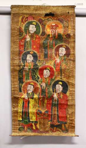 AN 18TH / 19TH CENTURY CHINESE HAND PAINTED SCROLL OF SEVEN IMMORTAL FIGURES, the scroll painted