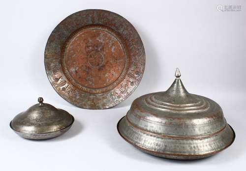 TWO 18TH CENTURY OTTOMAN ARMENIAN TINNED COPPER LIDDED SERVING DISHES, the larger dish with Armenian