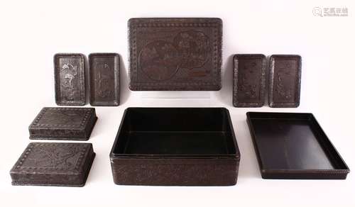 A FINE QUALITY JAPANESE MEIJI PERIOD CINNABAR LACQUER LIDDED BOX EATING SET, the box carved in