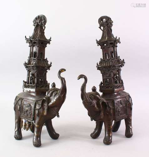 A GOOD PAIR OF 18TH / 19TH CENTURY CHINESE BRONZE CENSERS OF ELEPHANTS, the censers modeled as