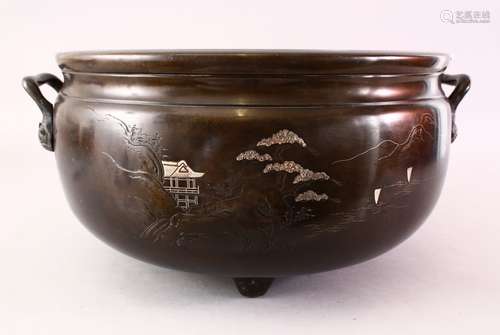 A LARGE CHINESE SILVER INLAID BRONZE CENSER, the front with carved landscape scenes and with