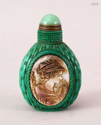 A GOOD QUALITY CHINESE PEKING GREEN GLASS & MOTHER OF PEARL SNUFF BOTTLE, the glass moulded to