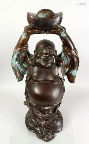 A GOOD 19TH CENTURY CHINESE BRONZE FIGURE OF BUDDHA, stood bearing an enchanting grin, the robes