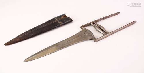 AN EARLY INDIAN WATERED STEEL KATAR DAGGER, With leather sheath, 43cm.