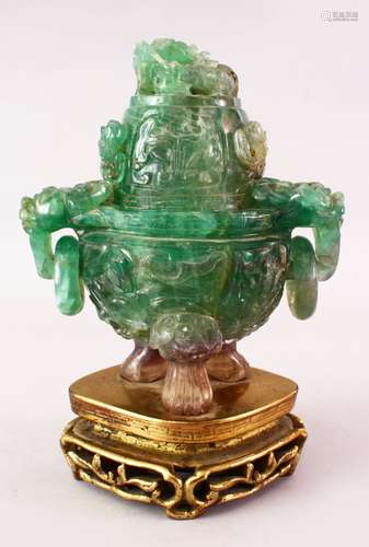 A LARGE CHINESE CARVED JADEITE AND ORMOLU MOUNTED LIDDED CENSER, carved in archaic form, the top