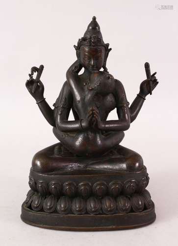 A GOOD CHINESE BRONZE FIGURE OF A MULTI ARM DEITY / BUDDHA, the Buddha with another figure in an