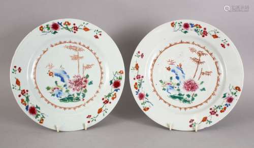 A GOOD PAIR OF 18TH CENTURY QIANLONG CHINESE FAMILLE ROSE PLATES, both decorated with landscape