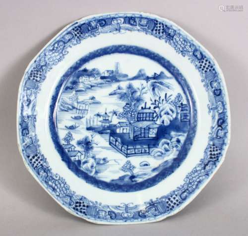 A GOOD 18TH CENTURY CHINESE QIANLONG BLUE & WHITE PORCELAIN PLATE, the dish decorated with a river