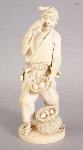 A GOOD JAPANESE MEIJI PERIOD CARVED IVORY OKIMONO - EGG SELLER, the figure stood holding his