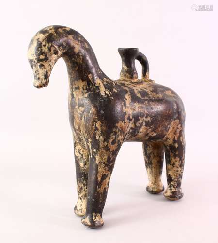 AN UNUSUAL ISLAMIC POSSIBLY EARLY PERSIAN LARGE TERRACOTTA HORSE SHAPED JUG / VESSEL, 33cm high x