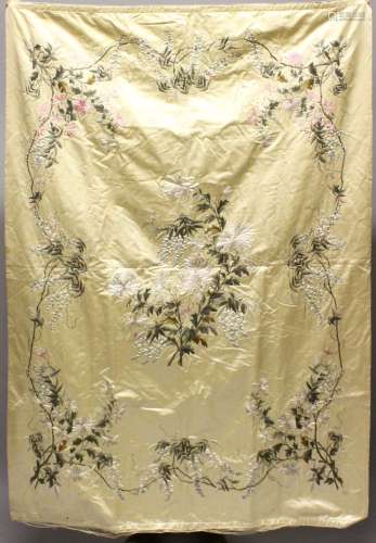 A 19TH CENTURY CHINESE EMBROIDERED SILK PANEL OF FLORA, depicting a continuous band of native flora,