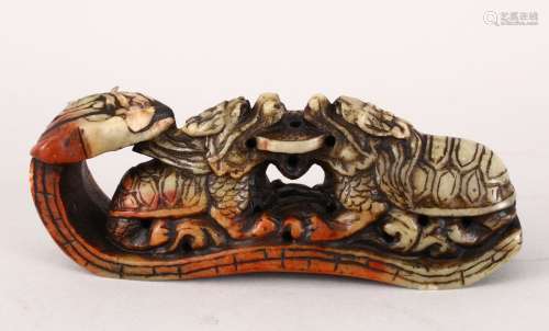 A GOOD 20TH CENTURY CHINESE CARVED SOAPSTONE FIGURE OF LION DOGS & RUYI SCEPTER, The carving