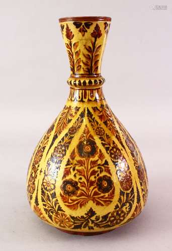 A GOOD YELLO WGROUND ISLAMIC POTTERY FLORAL VASE, 30cm high