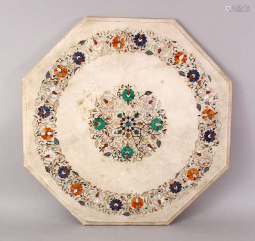 A GOOD QUALITY RARE 19TH CENTURY INDIAN INLAID OCTAGONAL MARBLE TABLE TOP, the top inlaid in