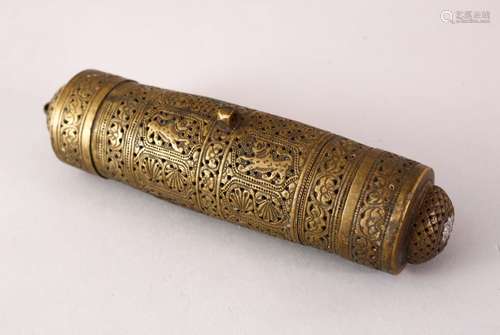 AN INDIAN BRASS OPEN WORKED CYLINDRICAL BRASS CONTAINER, the body with openwor decoration with