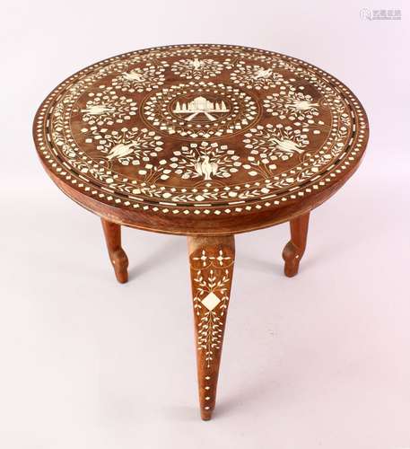 A GOOD INDIAN BONE INLAID TABLE, the table inlaid with carved bone depicting formal floral scroll,