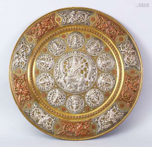 A LARGE INDIAN TANJORE SILVER & COPPER OVERLAID BRASS TRAY, with many roundel's of gods / deity'