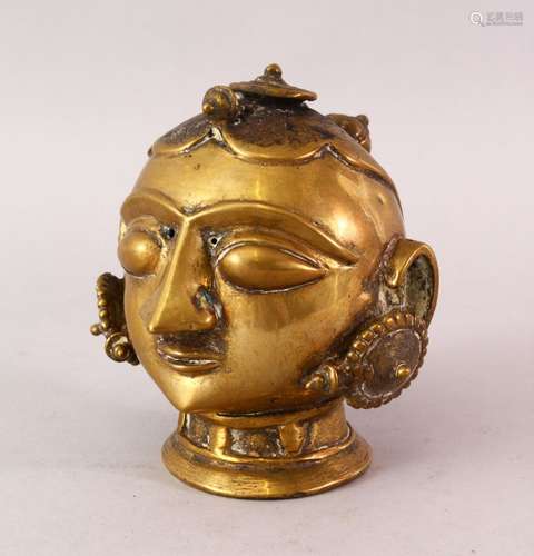 A GOOD INDIAN BRONZE FIGURE OF A GODDESS HEAD, 13cm high.