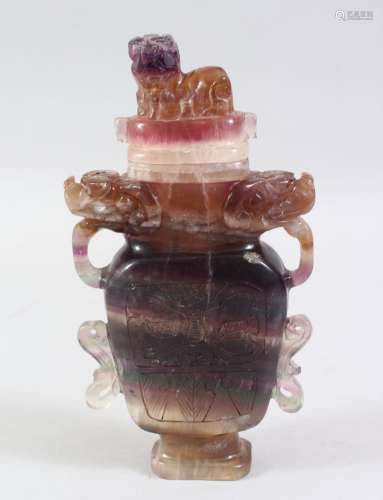 A 20TH CENTURY CHINESE CARVED AMETHYST VASE AND COVER, carved in 17th century style, 21.5cm high.