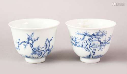 A PAIR OF 20TH CENTURY CHINESE BLUE & WHITE PORCELAIN WINE CUPS, both decorated with scenes of