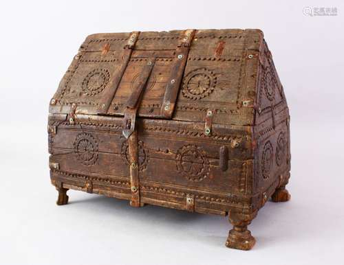 ANEARLY ISLAMIC POSSIBLE HISPANO MORESQUE WOODEN CASKET WITH METAL FITTINGS, the box in a triangle