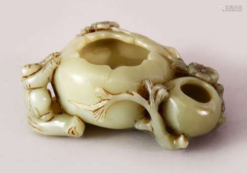 A GOOD CHINESE CARVED JADE DOUBLE LOTUS & BOY BRUSH WASHER, carved with a boy to the side of the