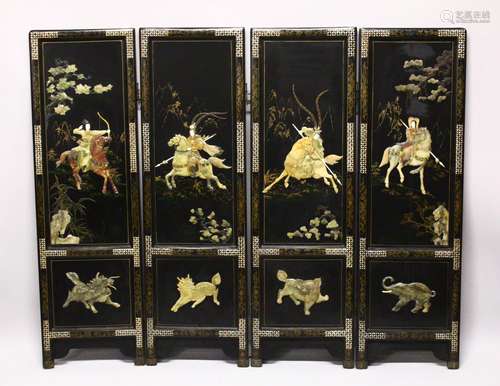 A GOOD 19TH / 20TH CENTURY CHINESE FOUR FOLD INLAID SCREEN, the sections inlaid to depict figures