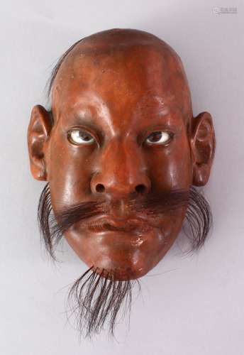 A GOOD JAPANESE MEIJI PERIOD LACQUER NOH MASK, Realistically rendered with hair features, 20cm