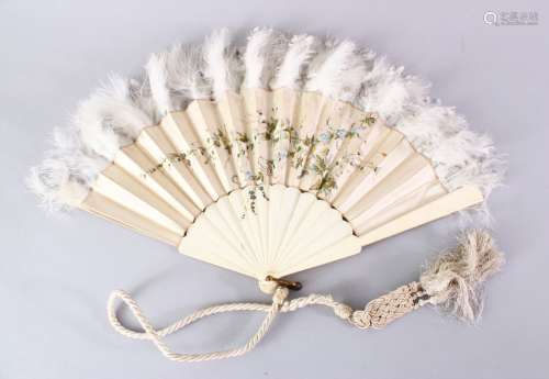 A GOOD CHINESE 19TH CENTURY IVORY PAINTED FAN, with painted decoration of a simple array of flora,