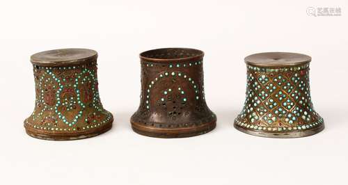 THREE 19TH PERSIAN QAJAR ISLAMIC HUQQA TOPS, all inlaid with turquoise beads, two with garnets, 7.