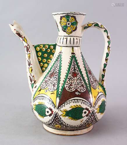 A GOOD 19TH CENTURY TURKISH KUTAHYA POTTERY WATER URN, the urn decorated in three colours with