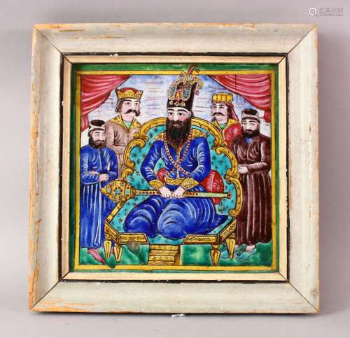 A GOOD PERSIAN QAJAR POTTERY FRAMED TILE, depicting figures around a throne, 30.5cm square.