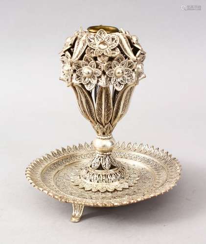 A VERY FINE INDIAN FILIGREE WHITE METAL INCENSE BURNER, of floral design, 16.5cm