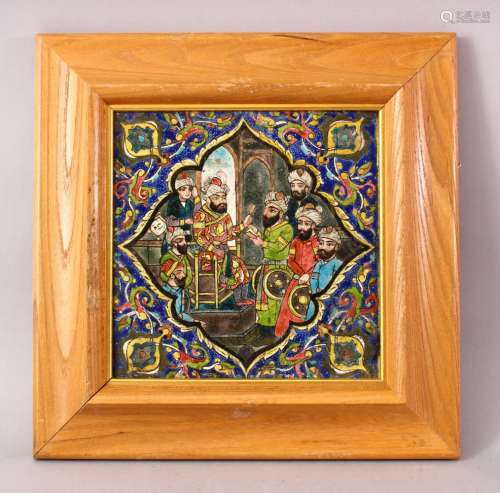 A GOOD PERSIAN QAJAR POTTERY FRAMED TILE SIGNED AMIR TAIMORY, depicting scenes of figures