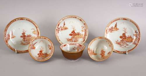 A SET OF THREE 18TH CENTURY CHINESE IRON RED & GILT PORCELAIN TEA BOWLS AND SAUCERS, the bowls and