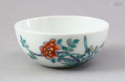 A CHINESE DOUCAI PORCELAIN CUP, the body decorated with scenes of flora, the base with a six